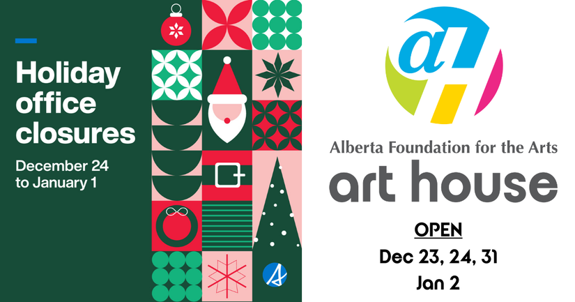 Split image describing AFA office closure hours and AFA art house gallery holiday hours