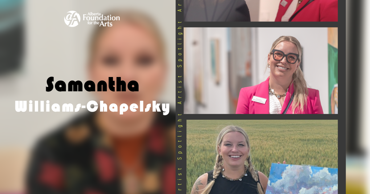 A collage of Samantha Williams-Chapelsky. The AFA logo is placed at the top of the screen. Samantha WIlliams-Chapelsky is written in old text on the center of the screen over a blurred image of Samantha.