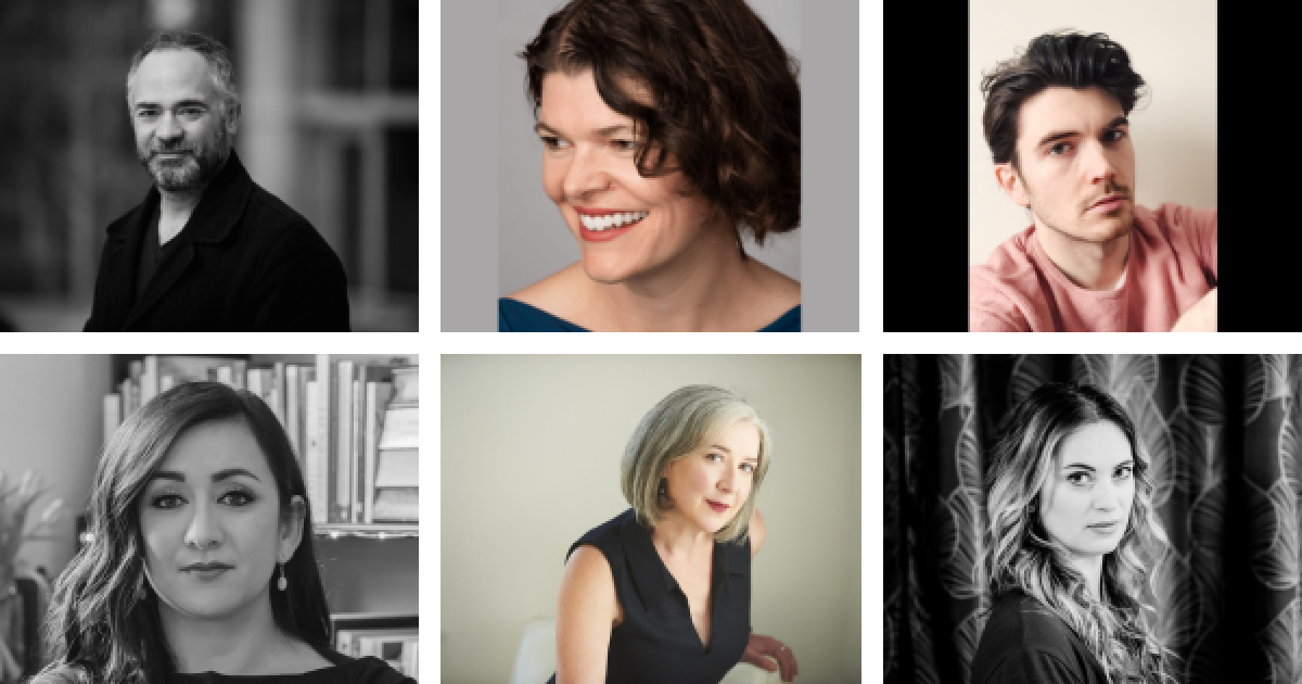A collage of five authors nominated for the 2026 Alberta Literary Awards. Clockwise from left to right: Marcello Di Cintio, Jennifer Bowering Delisle, Jason Purcell, Stephanie Tamagi, Karen Hines, and Aldona Dziedziejko.