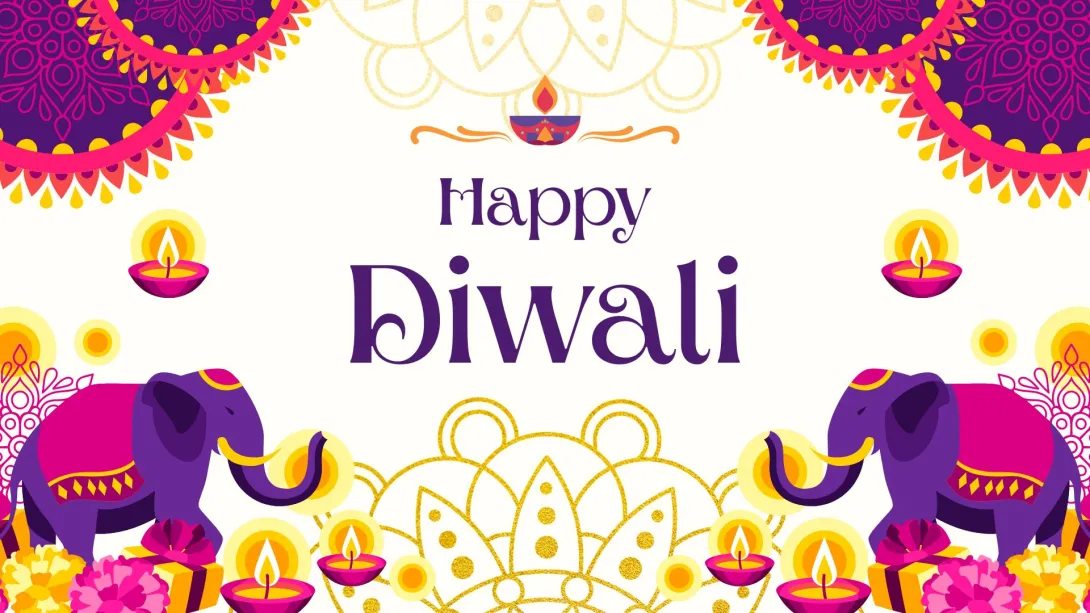 A graphic with text saying "Happy Diwali" featuring two elephants flanking the texts. Colors of the graphics are in purple and yellow in the text